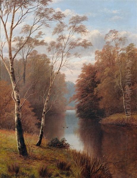 Silver Birch Trees Beside A River Oil Painting by William Mellor