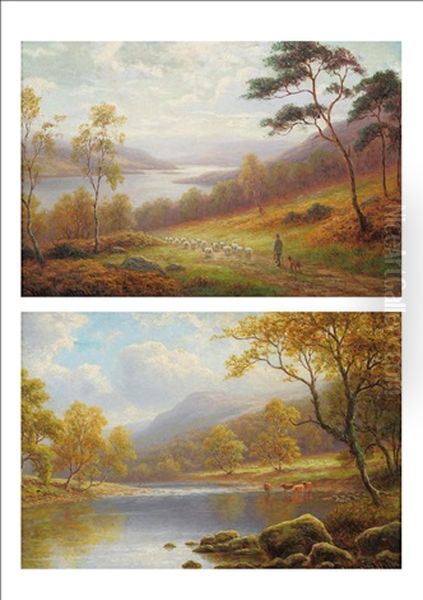 Peep Of Windermere From The Hills, Westmorland; On The Wharfe, Bolton Woods Yorkshire (pair) Oil Painting by William Mellor