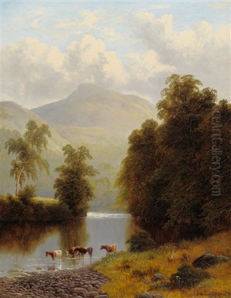 Summer River Landscape With Cattle Watering Oil Painting by William Mellor