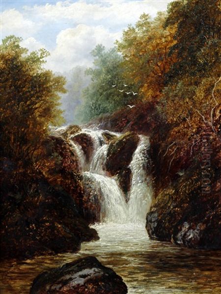 Rocky Waterfall In A Wooded River Landscape Oil Painting by William Mellor