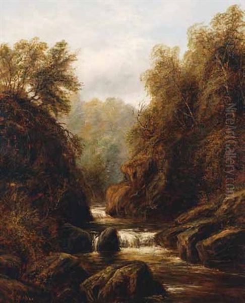 Autumn Landscape With Forest, Valley And Running Stream Oil Painting by William Mellor