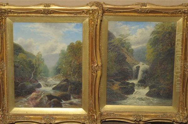 River Landscape With Trees And Waterfall (+ River Landscape With Trees And Waterfall; Pair) Oil Painting by William Mellor