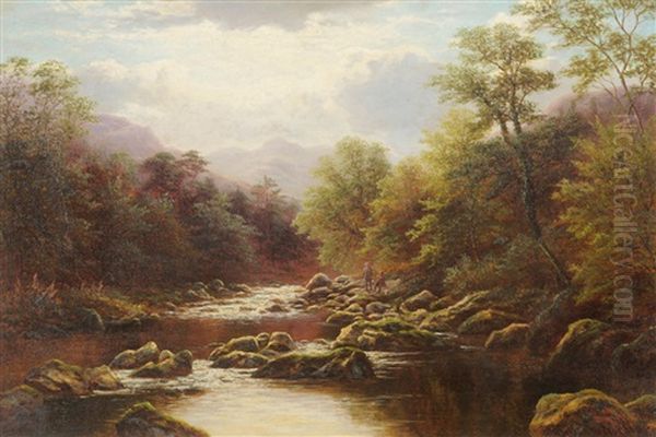 Langdale Pikes From The River, Langdale Westmorland, Figures Fishing On A Riverbank Oil Painting by William Mellor