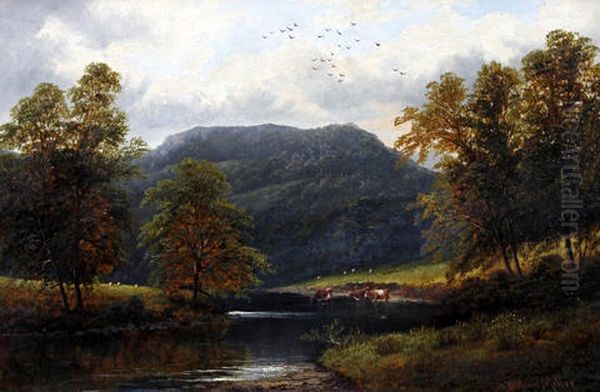 View Of A Welsh River Valley (+ Untitled (cattle Watering); Pair) Oil Painting by William Mellor