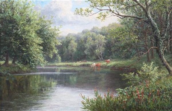 River Landscape With Cattle Watering Oil Painting by William Mellor