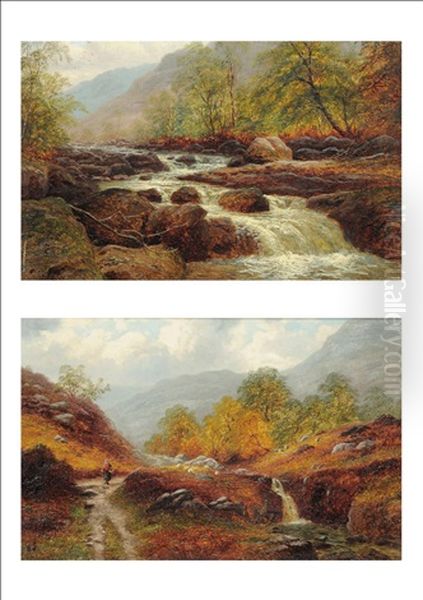 River Landscape, A Waterfall In The Foreground (+ Figure On A Path, Sheep Grazing Nearby Pair) Oil Painting by William Mellor