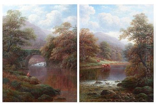 Pont Aberglaslyn, North Wales (+ On The Wharfe, Near Beamsley, Yorkshire; Pair) Oil Painting by William Mellor