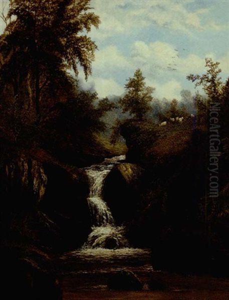 Wooded Landscape With Waterfall Oil Painting by William Mellor