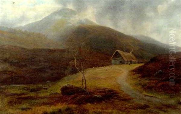 A Moorland Scene With Cattle Grazing With Mountains Beyond, Wales (?) Oil Painting by William Mellor