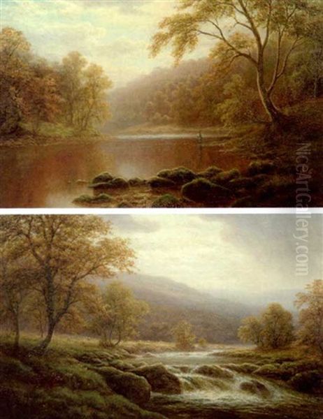 An Angler Beside A Calm River, The Wharfe Near Bolton Abbey (?) (+  A River Scene; Pair) Oil Painting by William Mellor