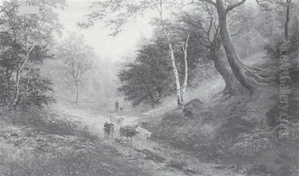 Cattle And Drover On A Woodland Path Oil Painting by William Mellor