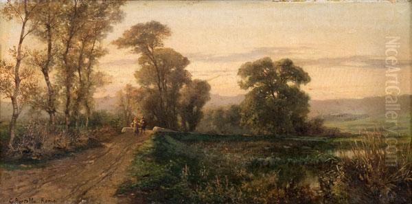 Paesaggio Di Campagna Con Contadini Sulla Via Oil Painting by Cesare Bertolla