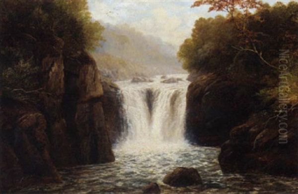 A Waterfall In A Wooded Landscape Oil Painting by William Mellor