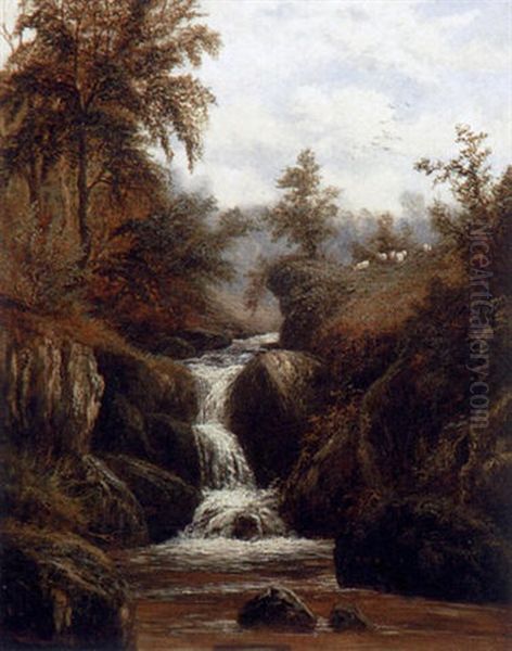 A Woodland Waterfall Oil Painting by William Mellor