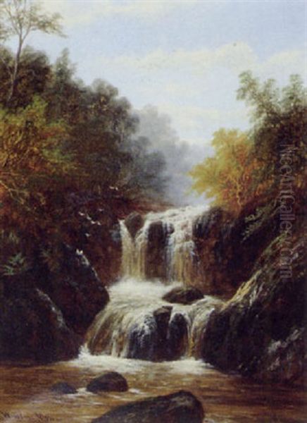 Waterfall In Wooded River Landscape Oil Painting by William Mellor