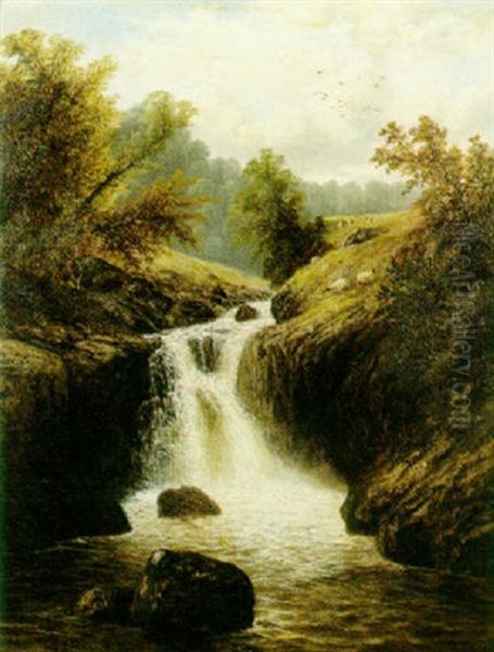 Sheep Grazing Near A Waterfall Oil Painting by William Mellor