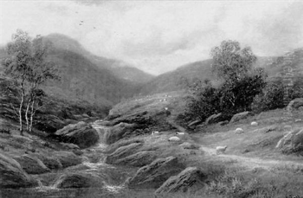 Highland Scene With Waterfall And Sheep by William Mellor