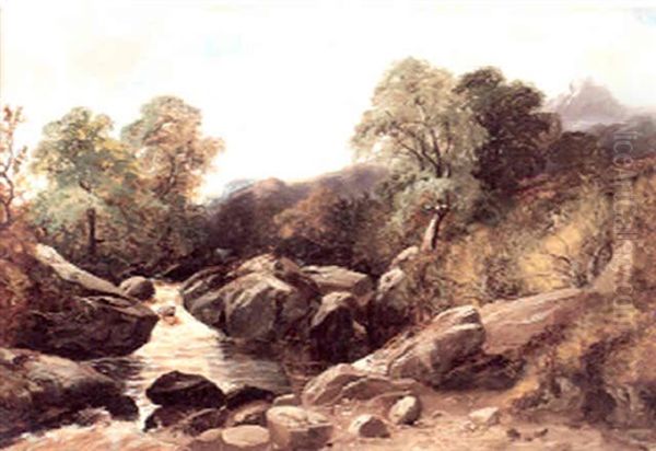 A River Landscape, Dovedale, Derbyshire Oil Painting by William Mellor