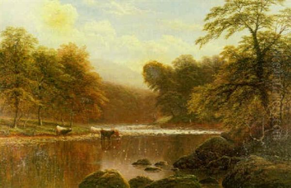 Cattle Watering In A Mountainous River Landscape, North Wales Oil Painting by William Mellor