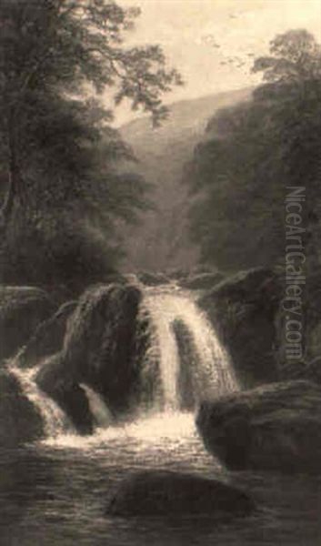 A Waterfall In A Wooded River Landscape Oil Painting by William Mellor