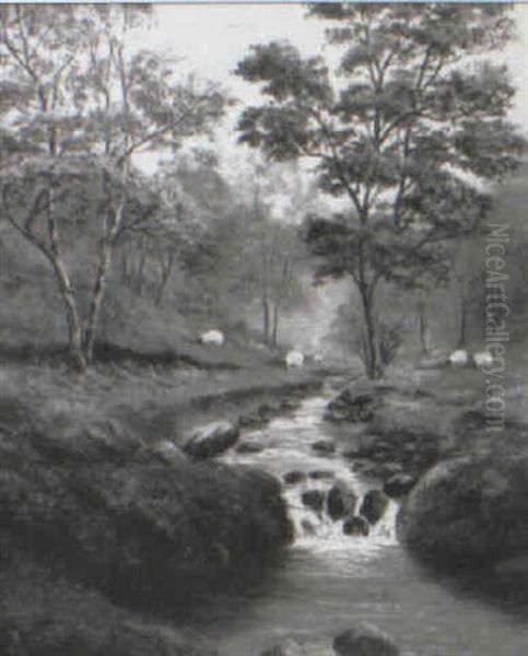 Wooded River Landscape With Sheep Grazing On The Banks Oil Painting by William Mellor