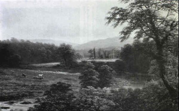 View Of Bolton Abbey And The River Wharfe With Sheep And    Cattle Oil Painting by William Mellor