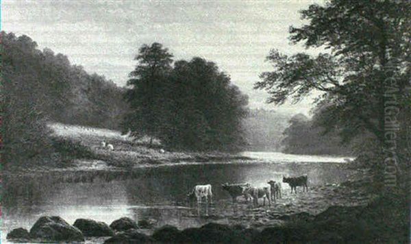 Highland Cattle Watering At A River Oil Painting by William Mellor