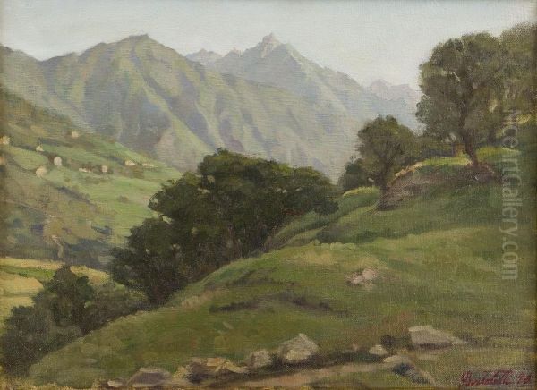 Paesaggio Montano Con Alberi E Prato Verdeggiante, Cime Sullo Sfondo Oil Painting by Cesare Bertolotti