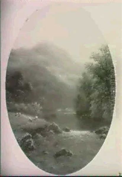 Figures By A Rocky Stream; Sheep By A Still River Oil Painting by William Mellor