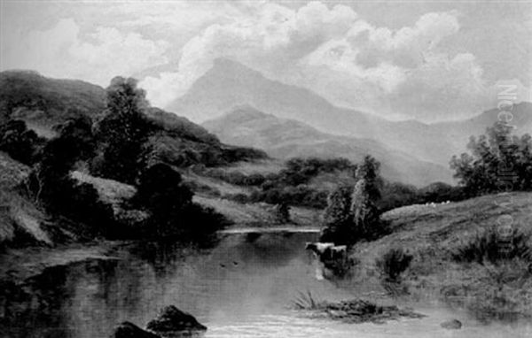 Cattle On The Banks Of A River With A Mountainous Landscape Beyond Oil Painting by William Mellor