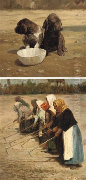 Spaniels With A Drinking Bowl (+ Peasant Women Ploughing; 2 Works) Oil Painting by Nikolai Alekseevich Melnikov