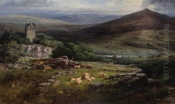 Scottish Landscape With A Flock Of Sheep And A Tower Oil Painting by Andrew Melrose