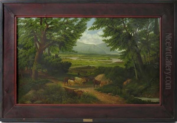 Overview Of Mountain Valley, With Cows Oil Painting by Andrew Melrose