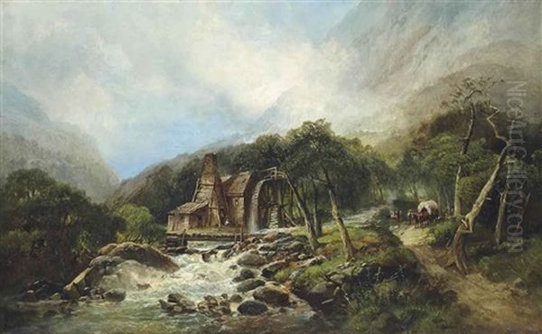 Pioneers On The Road Beside A Watermill Oil Painting by Andrew Melrose