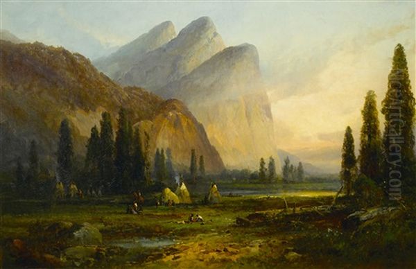 Indian Encampment Near Three Brothers, Yosemite Valley Oil Painting by Andrew Melrose