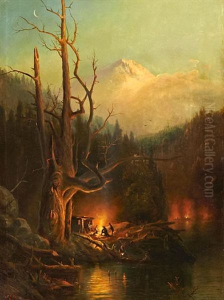 Encampment At The Base Of A Snow-covered Mountain, Thought To Be Mount Shasta Oil Painting by Andrew Melrose