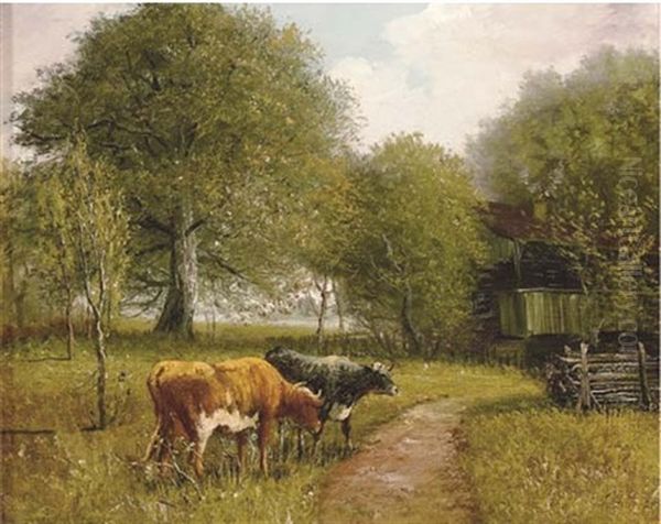 Cows By A Farmhouse Oil Painting by Andrew Melrose