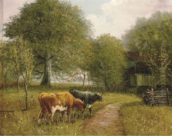 Cows By A Farmhouse Oil Painting by Andrew Melrose