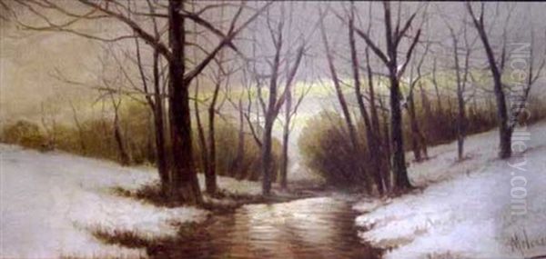 Winter Landscape With Central Stream Under Sun-streaked Sky Oil Painting by Andrew Melrose