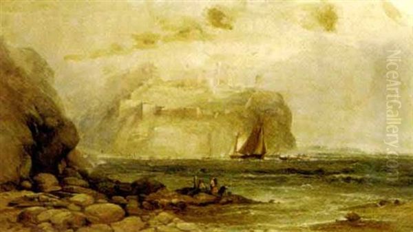 A Coastal View With Figures On The Rocks In The Foreground And A Castle Beyond Oil Painting by Andrew Melrose