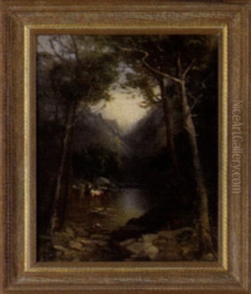 Sunlit River Landscape With A Figure Reclining On The Shoreline And A Herd Of Cattle In The Water Oil Painting by Andrew Melrose