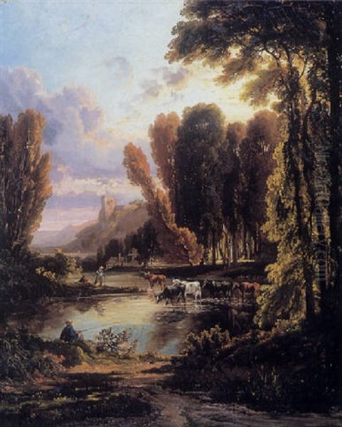 Cattle And Fisherman Near A Riverside Village Oil Painting by Andrew Melrose