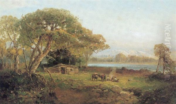 Figures And Cabin Near A Waterway Oil Painting by Andrew Melrose