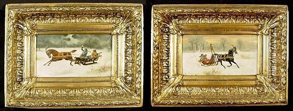 A Pair Of Winter Sleigh Scenes (2) Oil Painting by Berton