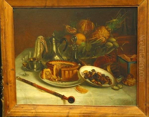 A Still Life With Nuts, A Meat Pie, A Coffee Pot And Fruit On A Table Oil Painting by Berton