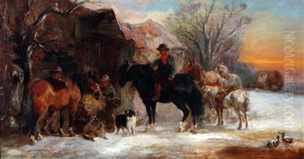 Winter Landscape With Figures, Horses And Dog Before A Stable Oil Painting by Arthur Melville