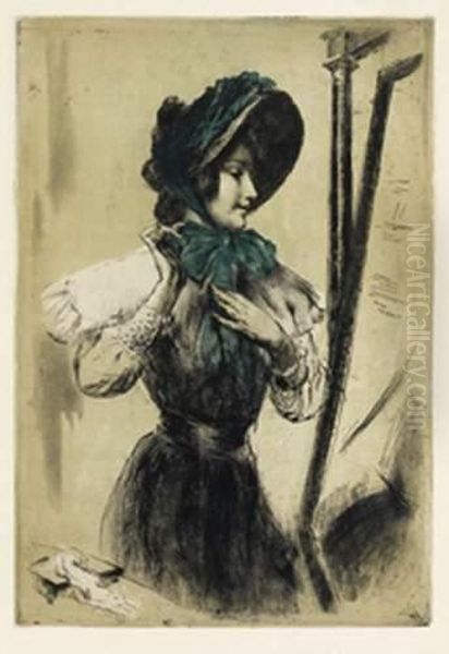 Jeune Femme Nouant Le Ruban De Son Chapeau. Oil Painting by Armand Berton