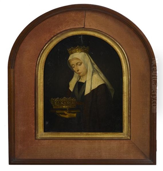 A Portrait Of A Queen In Mourning Holding A Crown Arched Top Oil Painting by Hans Memling