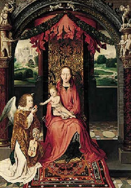 The Virgin And Child Enthroned, With An Angelic Musician Offering An Apple To The Christ Child Oil Painting by Hans Memling