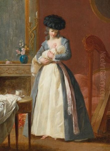 A Lady, Said To Be Madame Danloux, Nursing Her Child In A Drawing Room Oil Painting by Francois Guillaume Menageot